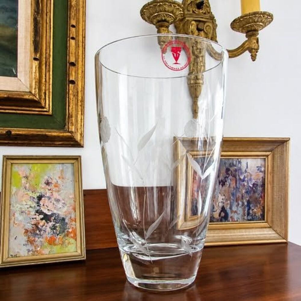 Large Vintage Floral Etched Carved Crystal Glass Vase Hand Blown Stunning